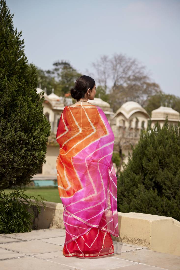 Multicolor Pure Kota Silk Hand Dyed Leheriya Saree