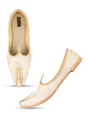 Desi colour mens ethnic footwear sherwani jutti-off white gold 1