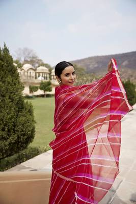   Red Pink Pure Kota Silk Hand Dyed Leheriya Saree 1
