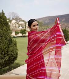   Red Pink Pure Kota Silk Hand Dyed Leheriya Saree