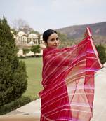 Geroo Jaipur Red Pink Pure Kota Silk Hand Dyed Leheriya Saree