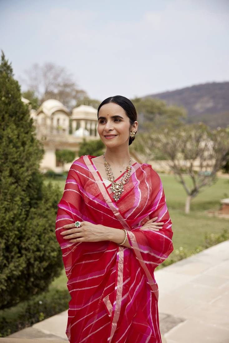 Geroo Jaipur Red Pink Pure Kota Silk Hand Dyed Leheriya Saree