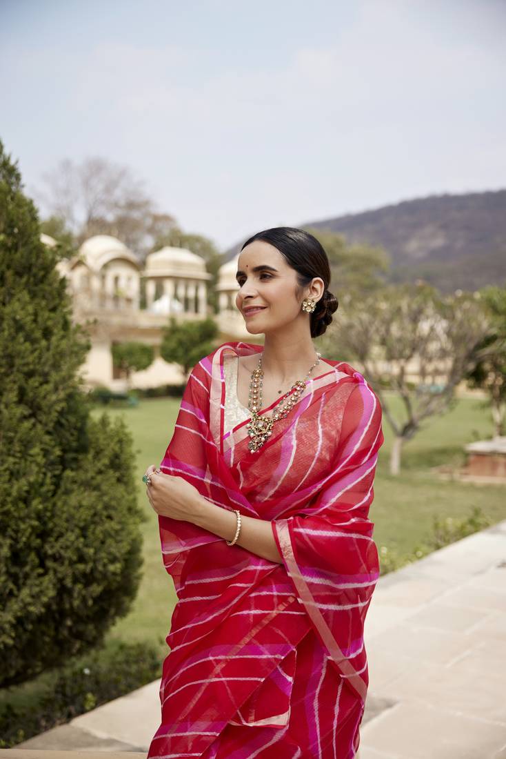 Geroo Jaipur Red Pink Pure Kota Silk Hand Dyed Leheriya Saree