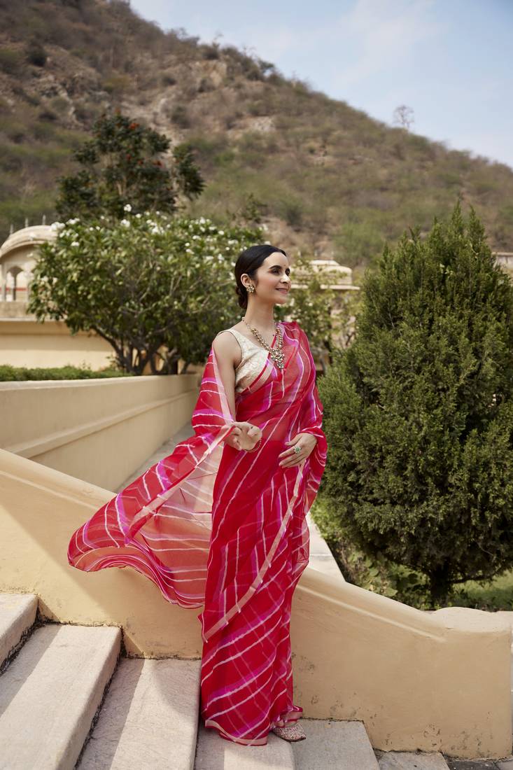 Geroo Jaipur Red Pink Pure Kota Silk Hand Dyed Leheriya Saree