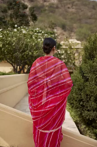   Red Pink Pure Kota Silk Hand Dyed Leheriya Saree