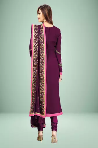 Trendmalls Purple Georgette Embroidered Work Party Wear Kurta Pant with Dupatta Salwar Suit Set