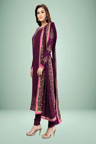 Trendmalls Purple Georgette Embroidered Work Party Wear Kurta Pant with Dupatta Salwar Suit Set