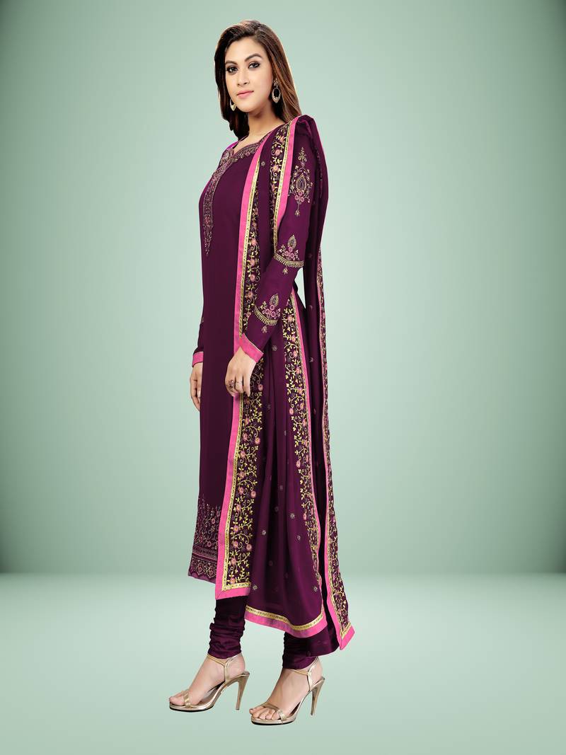 Purple Georgette Embroidered Work Party Wear Kurta Pant with Dupatta Salwar Suit Set