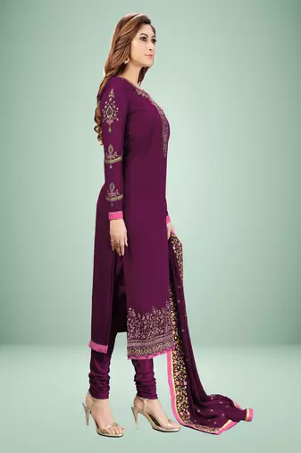 Trendmalls Purple Georgette Embroidered Work Party Wear Kurta Pant with Dupatta Salwar Suit Set