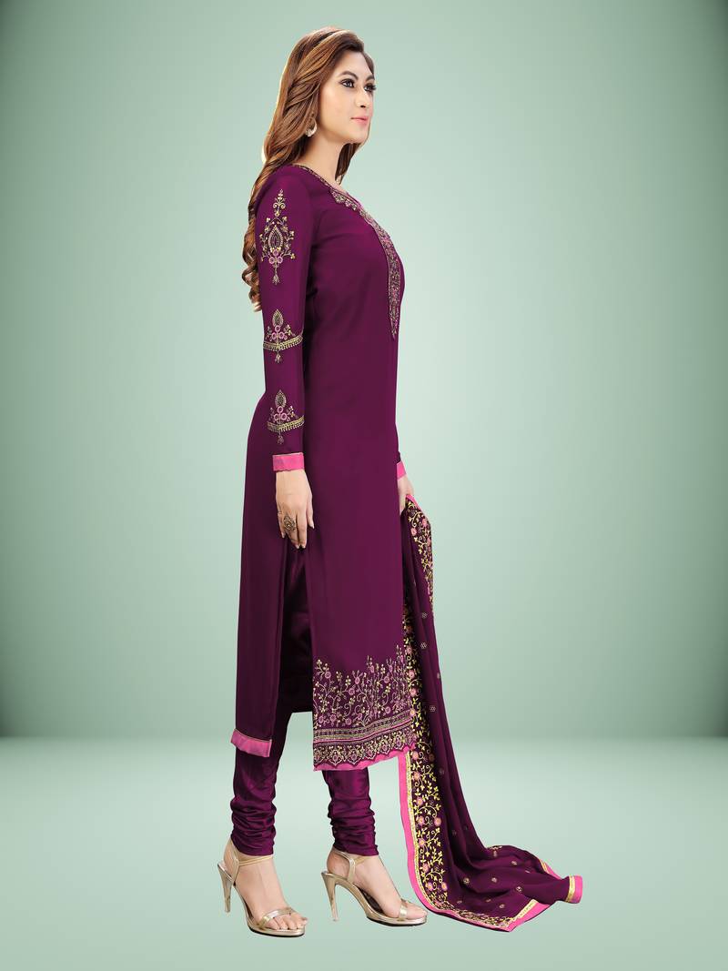 Purple Georgette Embroidered Work Party Wear Kurta Pant with Dupatta Salwar Suit Set