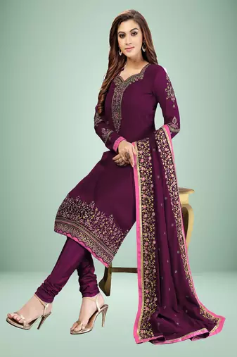 Trendmalls Purple Georgette Embroidered Work Party Wear Kurta Pant with Dupatta Salwar Suit Set