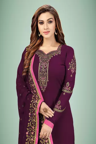 Trendmalls Purple Georgette Embroidered Work Party Wear Kurta Pant with Dupatta Salwar Suit Set
