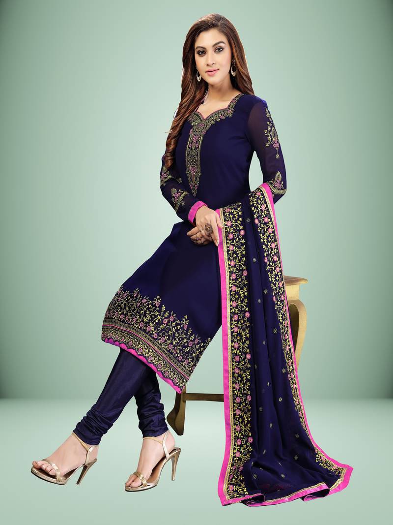 Blue Georgette Embroidery Work Salwar Suit with Duppata 3 Pieces Set
