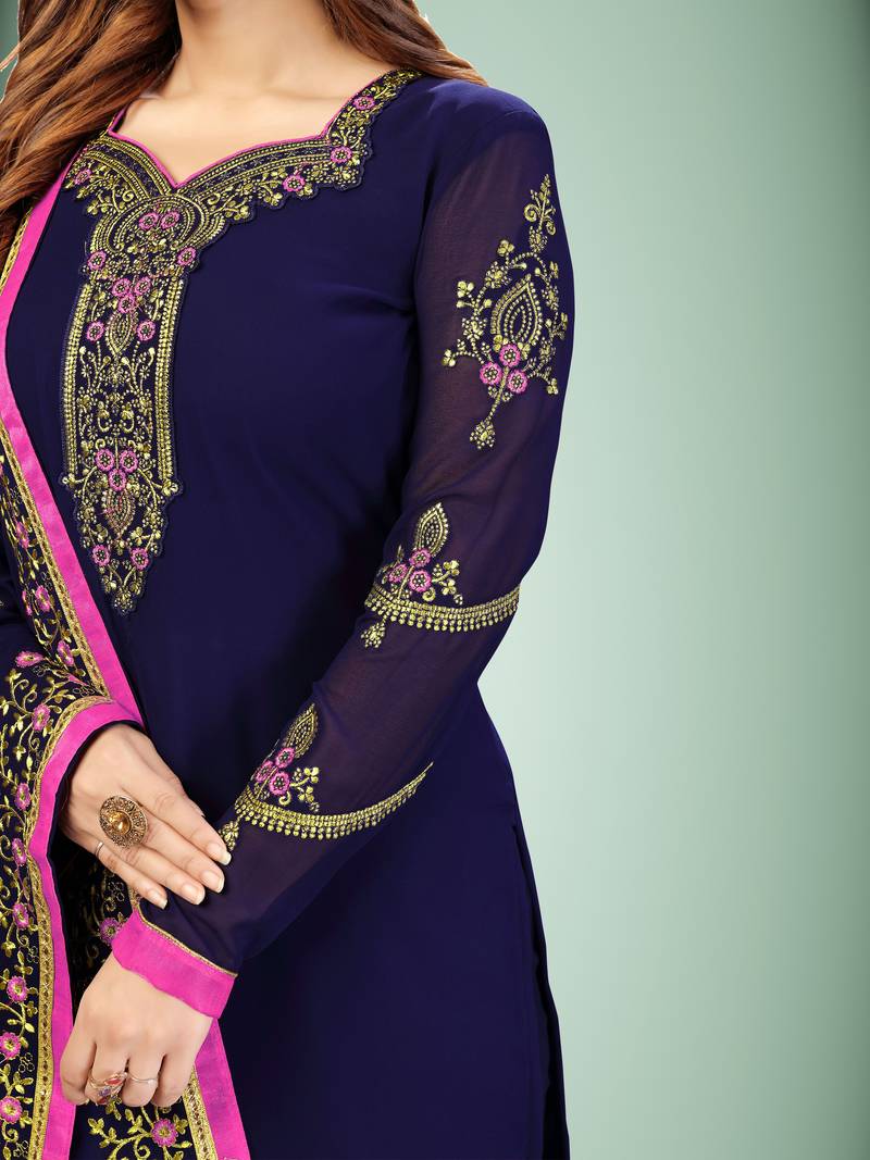 Blue Georgette Embroidery Work Salwar Suit with Duppata 3 Pieces Set