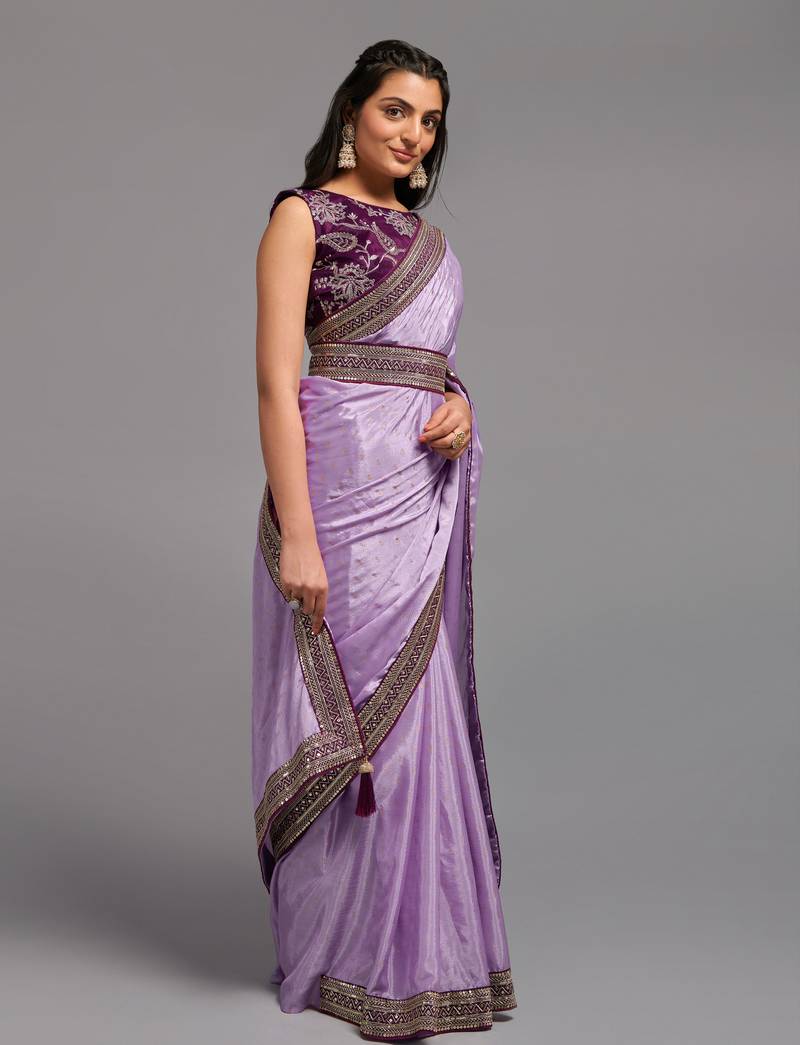 Lavender Colour Chinnon Silk Foil Print Saree WITH UN-STITCHED BLOUSE