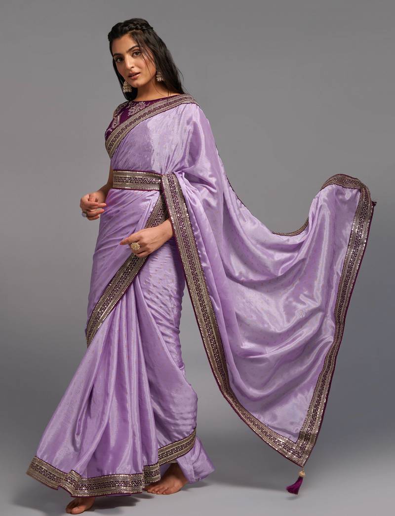 Lavender Colour Chinnon Silk Foil Print Saree WITH UN-STITCHED BLOUSE