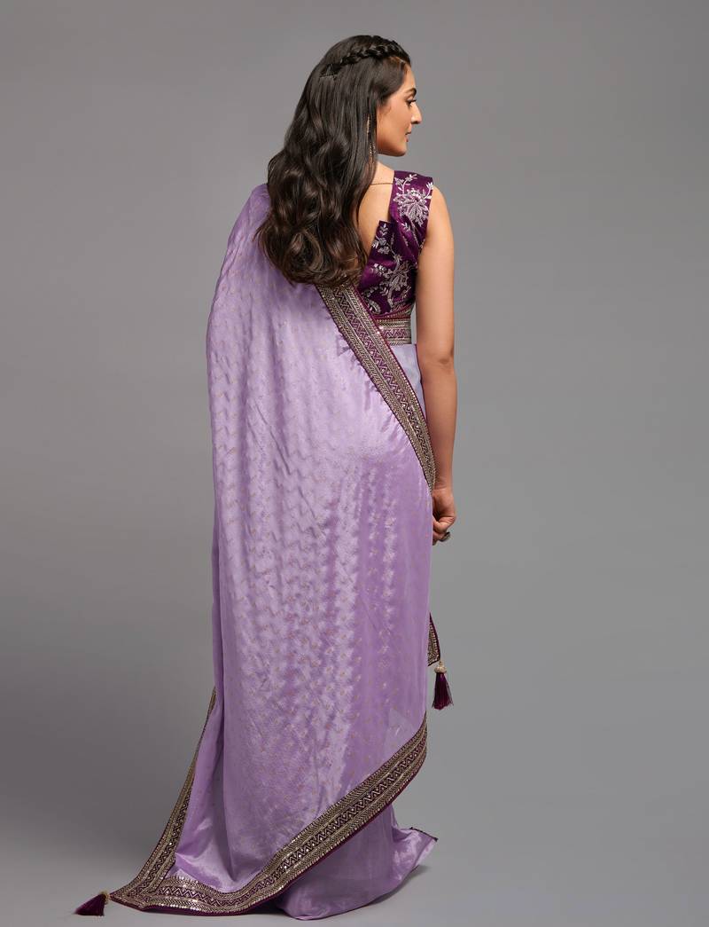 Lavender Colour Chinnon Silk Foil Print Saree WITH UN-STITCHED BLOUSE