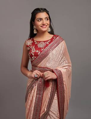 Peach Colour Chinnon Silk Foil Print Saree WITH UN-STITCHED BLOUSE 6