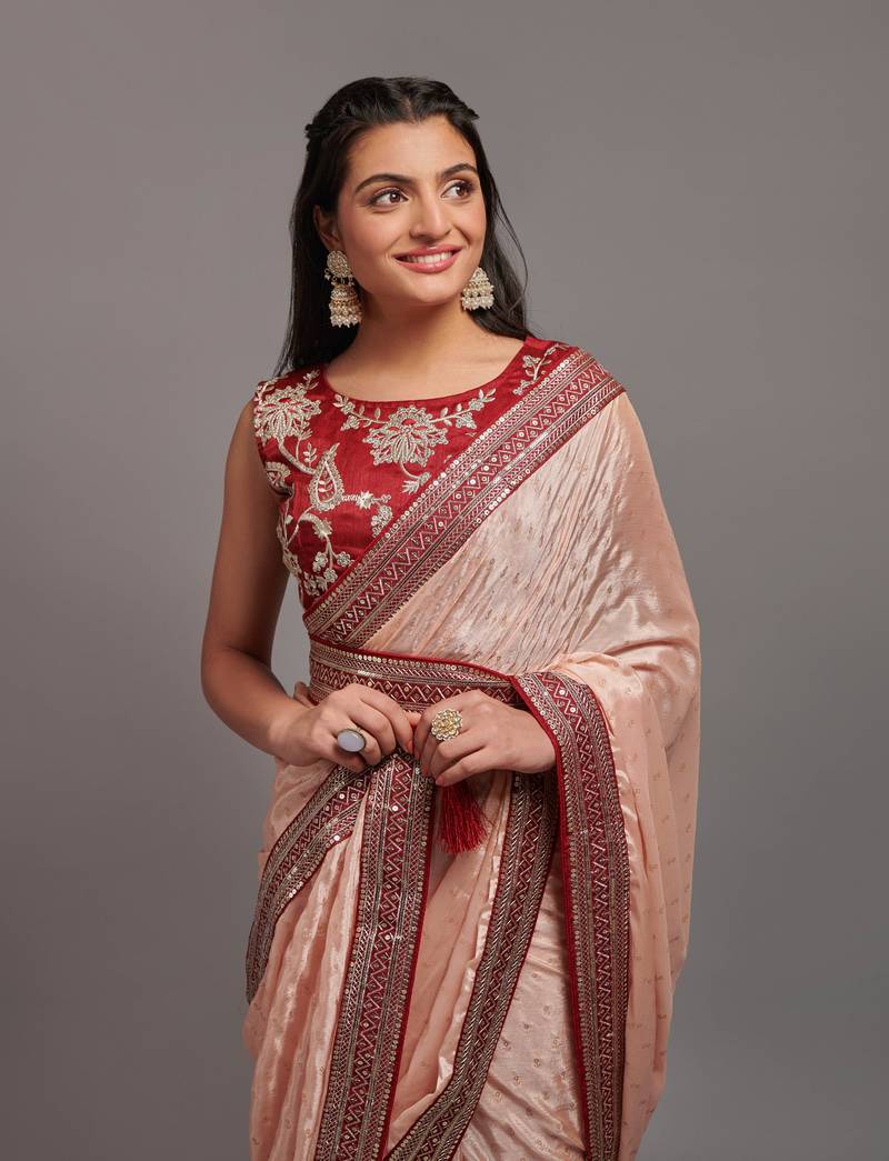 Peach Colour Chinnon Silk Foil Print Saree WITH UN-STITCHED BLOUSE