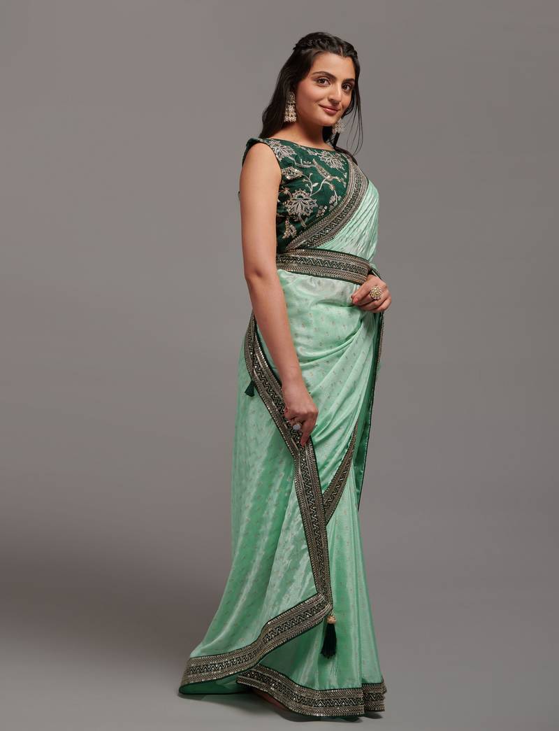 pista Colour Chinnon Silk Foil Print Saree WITH UN-STITCHED BLOUSE