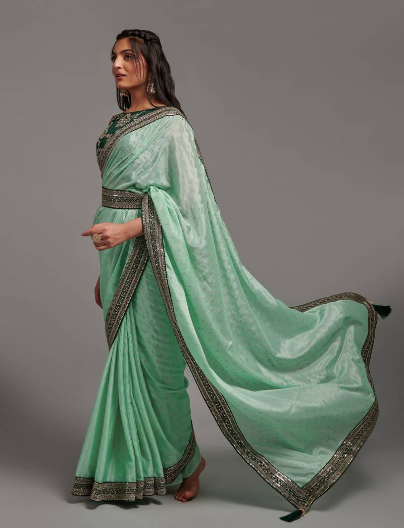 pista Colour Chinnon Silk Foil Print Saree WITH UN-STITCHED BLOUSE