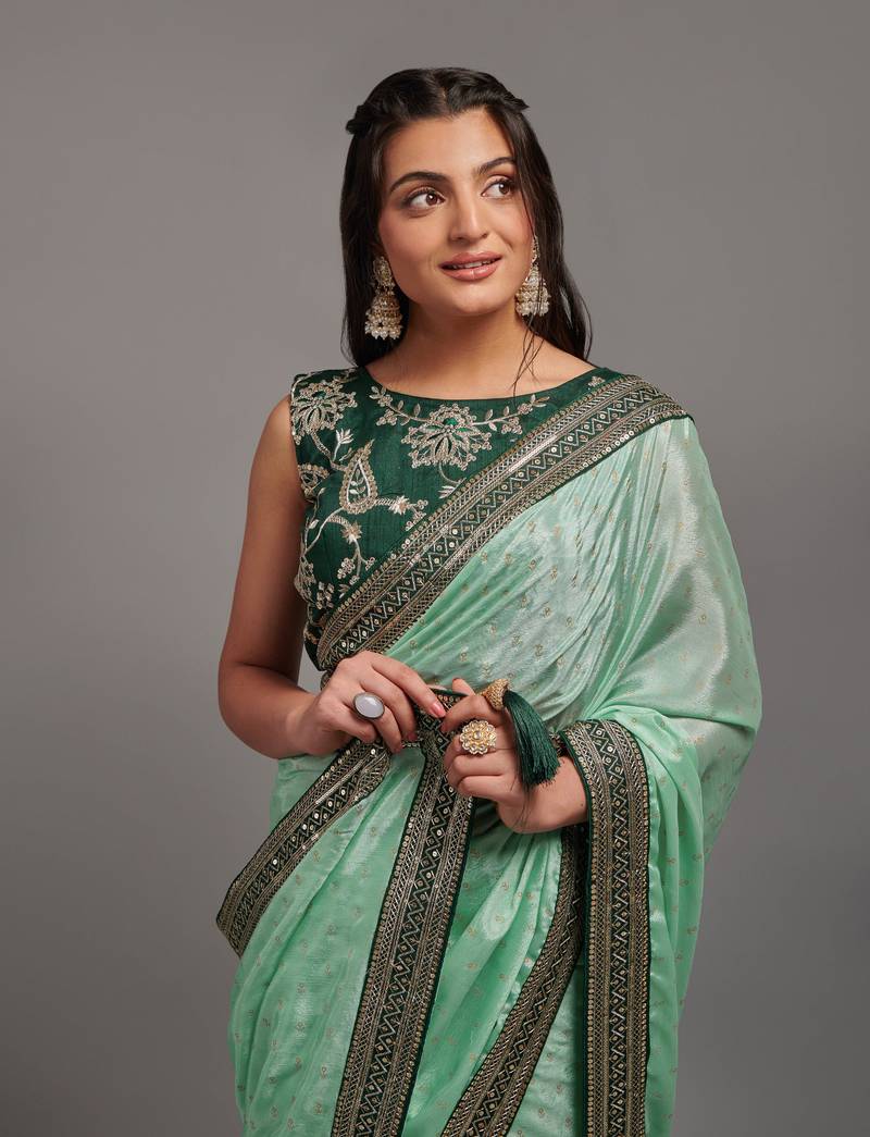 pista Colour Chinnon Silk Foil Print Saree WITH UN-STITCHED BLOUSE