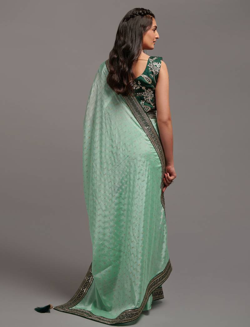 pista Colour Chinnon Silk Foil Print Saree WITH UN-STITCHED BLOUSE