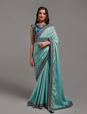 Sky Blue Colour Chinnon Silk Foil Print Saree WITH UN-STITCHED BLOUSE 1