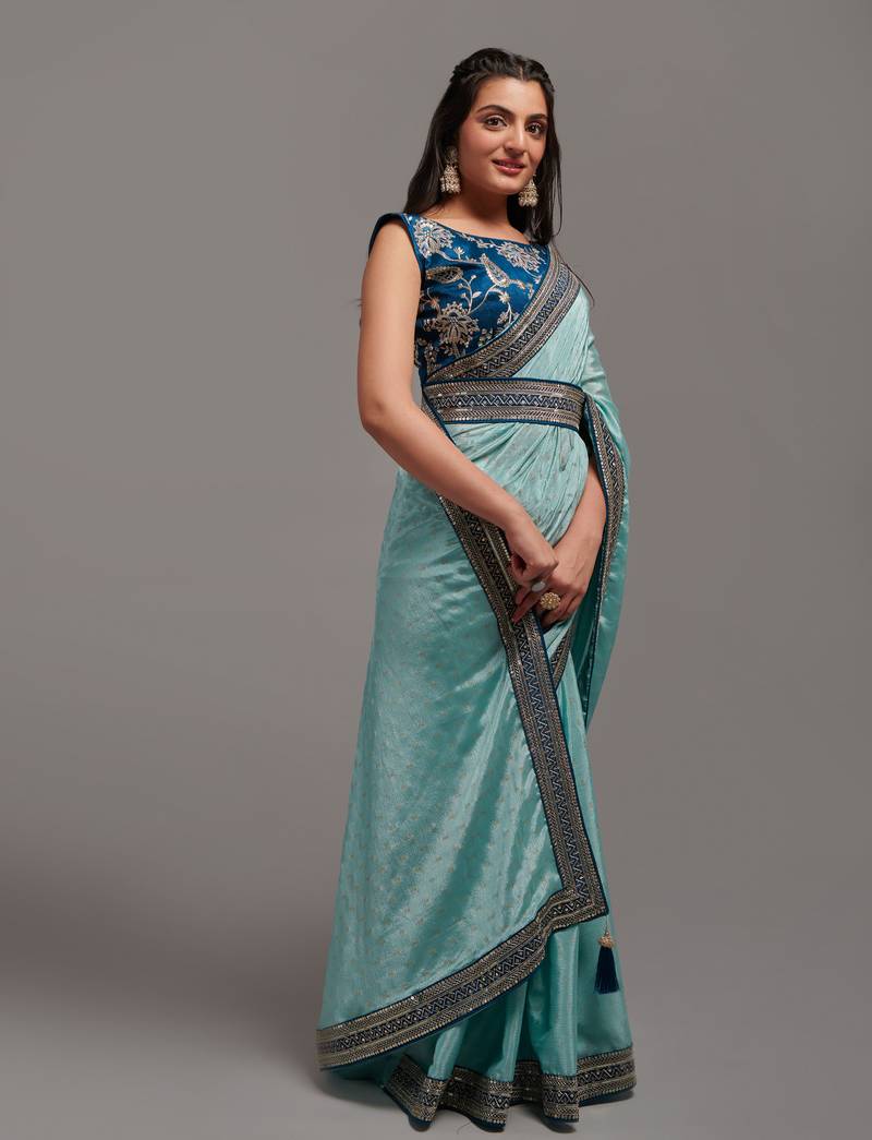 Sky Blue Colour Chinnon Silk Foil Print Saree WITH UN-STITCHED BLOUSE