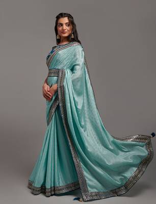 Sky Blue Colour Chinnon Silk Foil Print Saree WITH UN-STITCHED BLOUSE 4