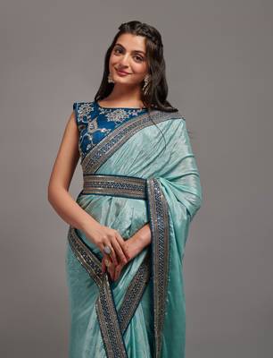 Sky Blue Colour Chinnon Silk Foil Print Saree WITH UN-STITCHED BLOUSE 5
