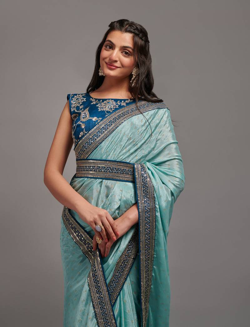 Sky Blue Colour Chinnon Silk Foil Print Saree WITH UN-STITCHED BLOUSE