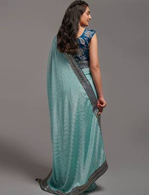 Sky Blue Colour Chinnon Silk Foil Print Saree WITH UN-STITCHED BLOUSE 6
