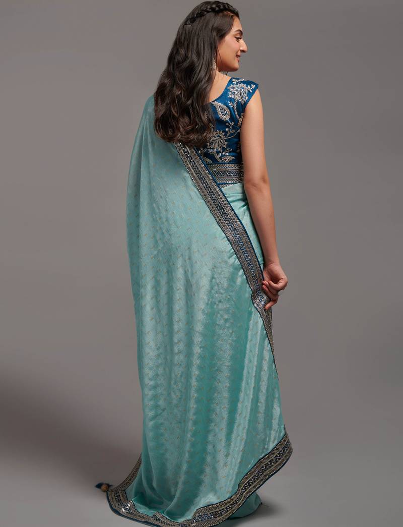 Sky Blue Colour Chinnon Silk Foil Print Saree WITH UN-STITCHED BLOUSE