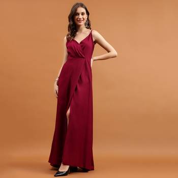 Maroon rayon v-neck shoulder straps fit & flare maxi dress 1