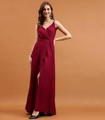 Maroon rayon v-neck shoulder straps fit & flare maxi dress