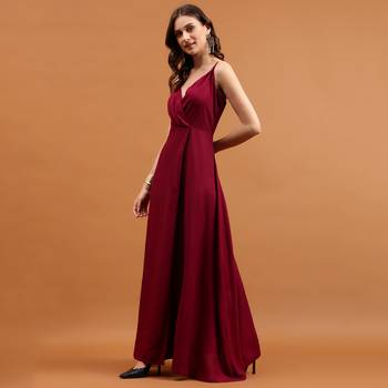 Maroon rayon v-neck shoulder straps fit & flare maxi dress 2