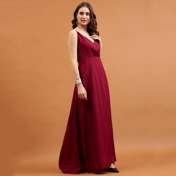 Maroon rayon v-neck shoulder straps fit & flare maxi dress 3