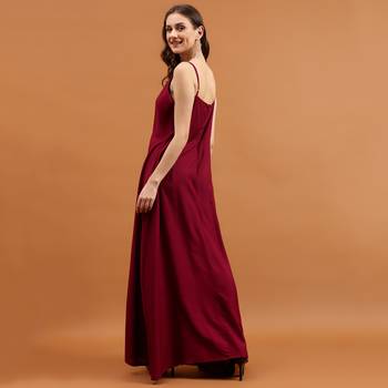 Maroon rayon v-neck shoulder straps fit & flare maxi dress 4