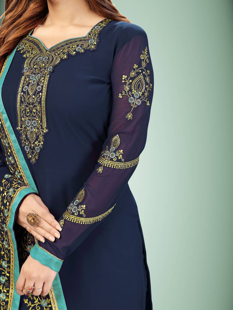 Trendmalls Darkblue embroidered Georgette Party Wear Kurta Pant with Dupatta Salwar Suit Set