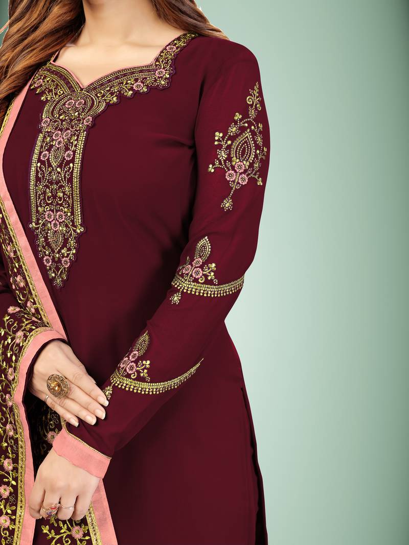 Trendmalls Maroon embroidered Georgette Party Wear Kurta Pant with Dupatta Salwar Suit Set
