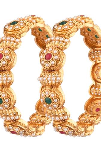 9blings gold plated pearl and stone fusion bangles - set of 2