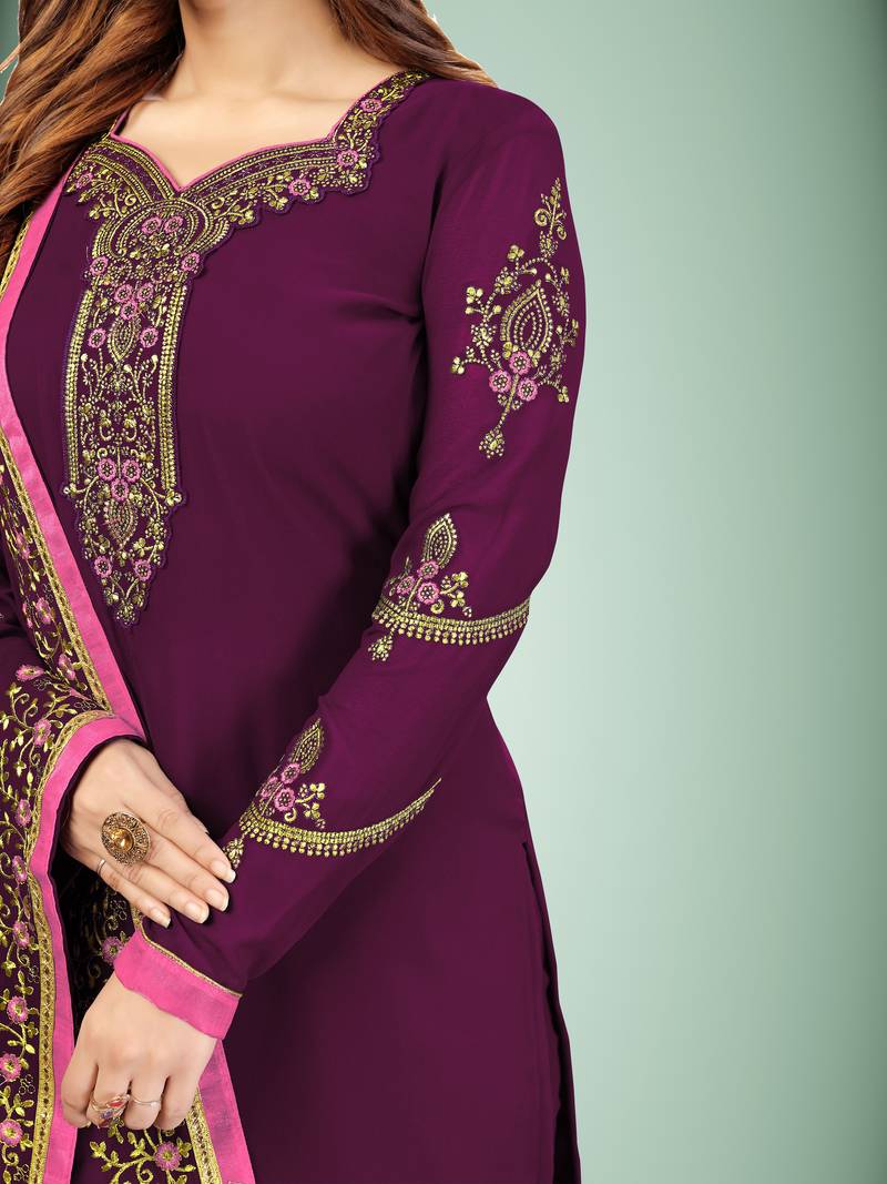 Purple embroidered Georgette Party Wear Kurta Pant with Dupatta Salwar Suit Set