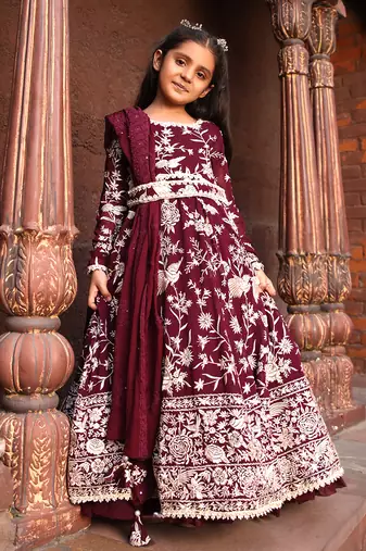 Burgandy parsi work anarkali with dupatta