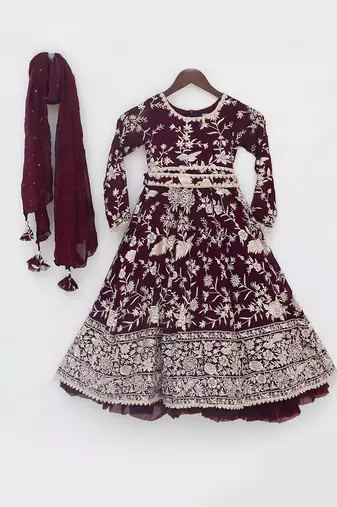 Burgandy parsi work anarkali with dupatta