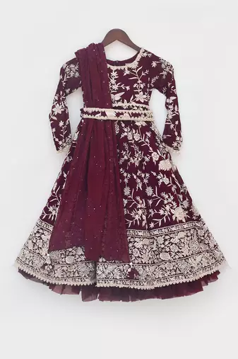 Burgandy parsi work anarkali with dupatta