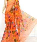 Orange Pure Cotton JP Munga Kota Digital Printed Handwoven Saree Without Blouse by AMG Square