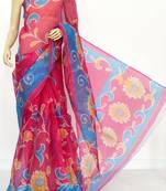 Magenta Pure Cotton JP Munga Kota Floral Printed Handwoven Saree Without Blouse by AMG Square