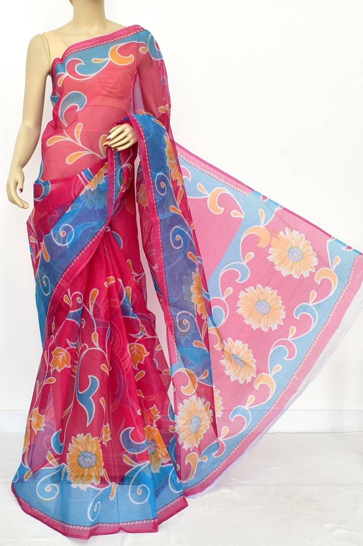 Magenta Pure Cotton JP Munga Kota Floral Printed Handwoven Saree Without Blouse by AMG Square