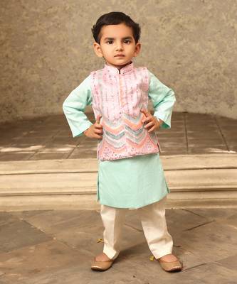 Blue & pink embroidery nehru jacket set 1